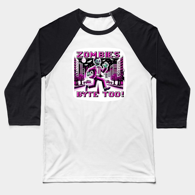 Neon Pink 8-Bit Zombie Chase in Cyberpunk City: Retro Gaming Art Baseball T-Shirt by Pixel Punkster
